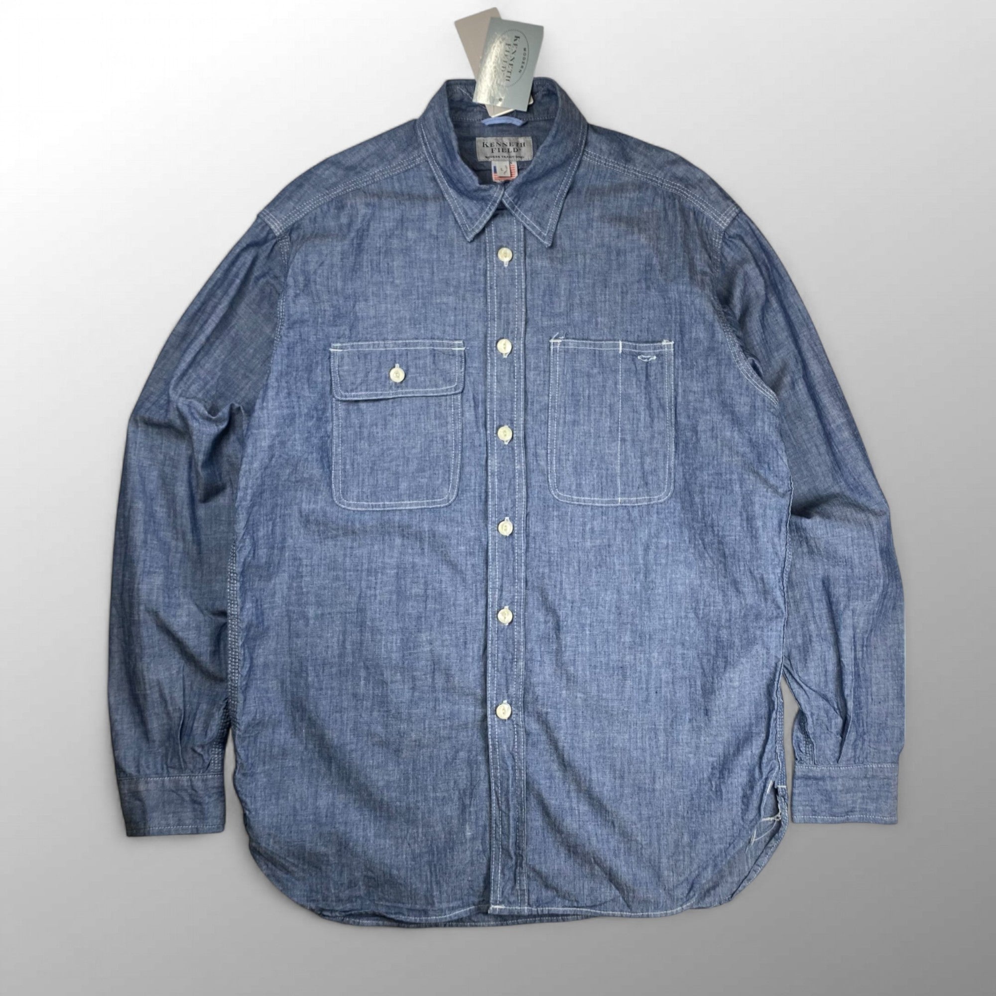 【極美品・タグ付】 KENNETH FIELD ケネスフィールド / CIGAR SHIRT シャンブレー トリプルステッチ チンストラップ マチ付 USA製 SIZE：L